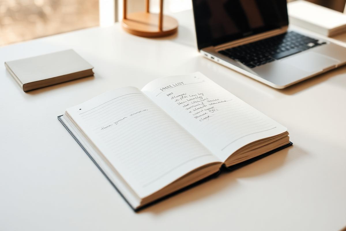 An open notebook with a short handwritten shortlist beside a laptop on a bright desk