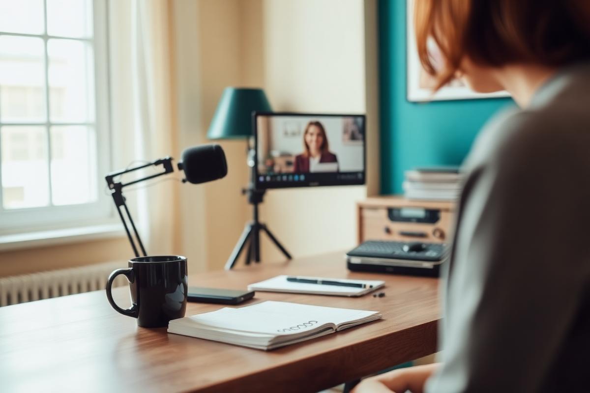 A person at a tidy desk preparing for a video interview with notes and a mug